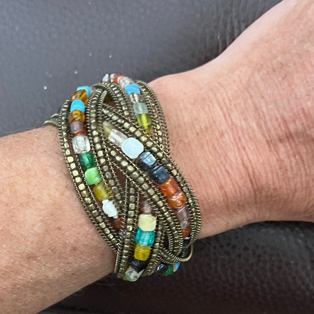 Beaded Wire Cuff Bracelet Gold Multi Color Stones Adjustable